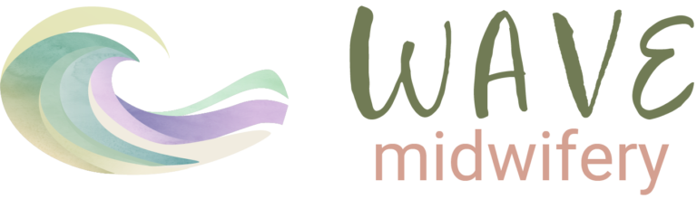 Wave Midwifery logo with a pastel wave and crescent motif